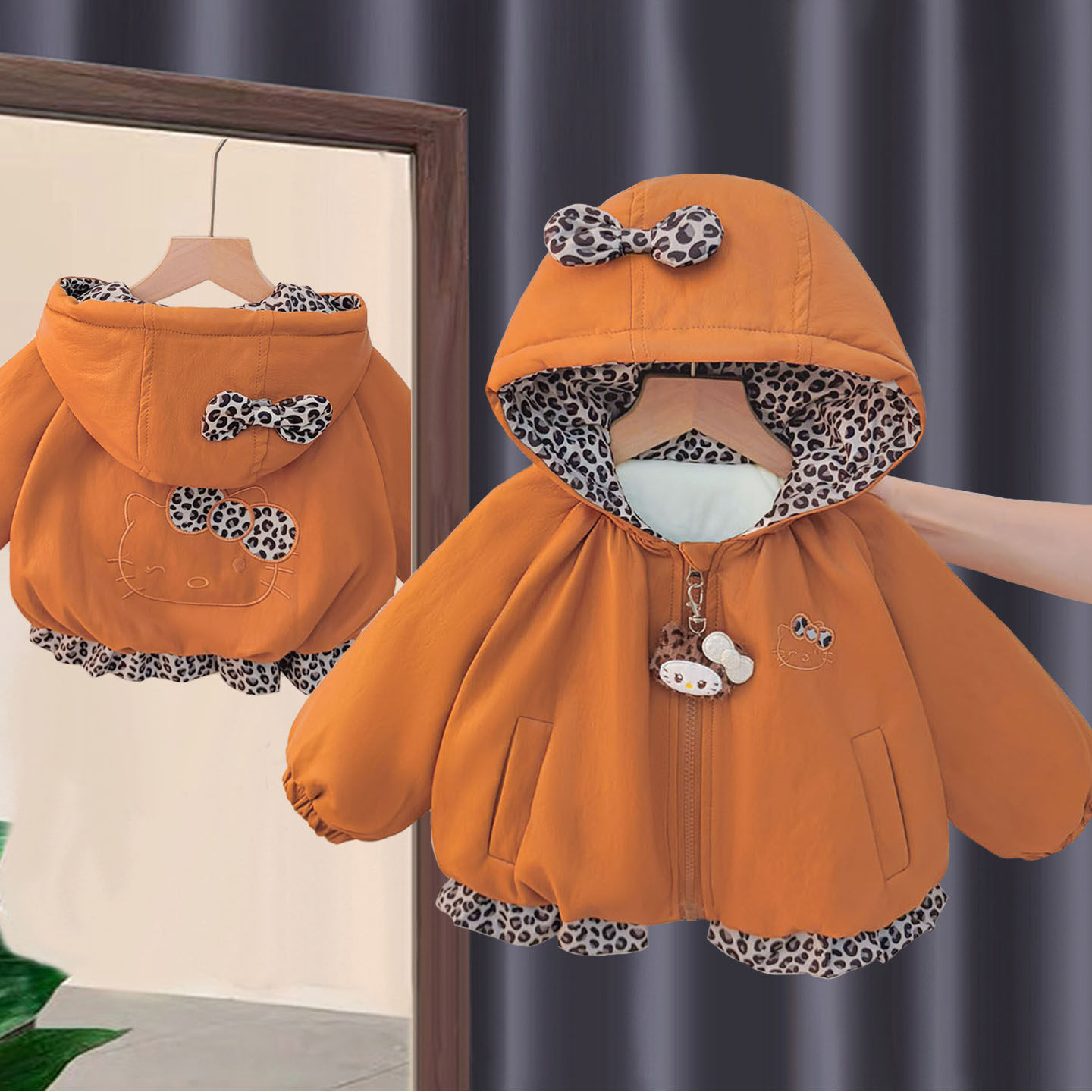 女童豹纹连帽加厚保暖棉服
