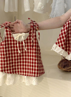 女童红色格子纯棉连衣裙夏季新款儿童女宝宝公主裙背心裙吊带裙子