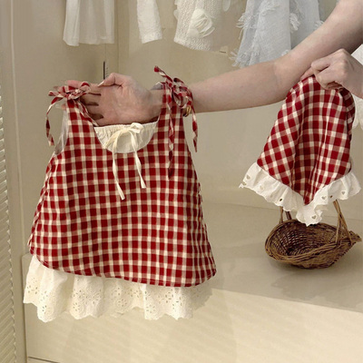 女童夏季无袖红色格子纯棉连衣裙