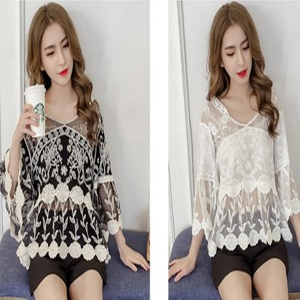 喇叭袖上衣娃娃衫外搭外套网衫透明衣服女夏装网纱蕾丝罩衫短款潮