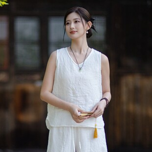 高端汉麻背心女夏季新款 文艺简约内搭小衫松弛感外穿V领无袖上衣