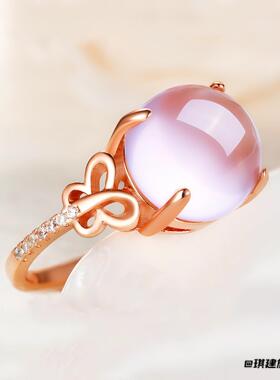 仿芙蓉石粉水晶蝴蝶戒指玫瑰金