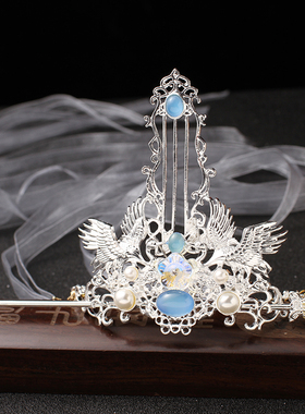 发冠古代顶簪女古装束发古风流苏步摇魏晋风头饰双鹤汉服配饰发饰