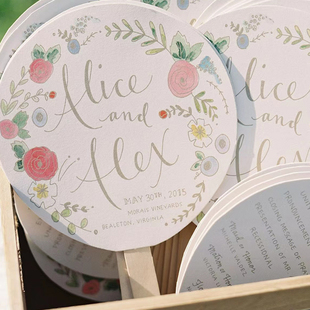 ins风婚礼定制扇子流程婚礼纸扇节目单感谢卡手绘花草设计