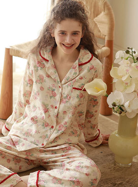 早秋新款全棉双层纱布女士家居服红色牡丹印花长袖长裤睡衣套装