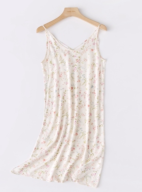 性感 V领吊带睡裙女生夏季棉绸贡缎家居服甜美花朵露背交叉带裙子