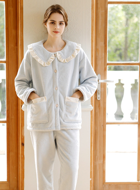 甜美女士刺绣压花牛奶绒加厚睡衣冬季娃娃领复合绒家居服开衫套装