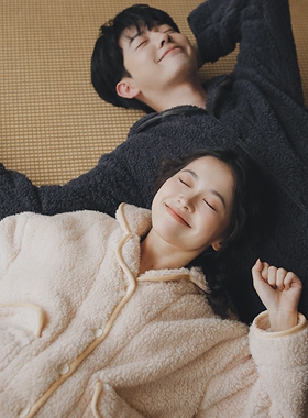 情侣加厚开衫舒棉珊瑚绒软乎乎冬季长袖睡衣男女冬简约休闲家居服