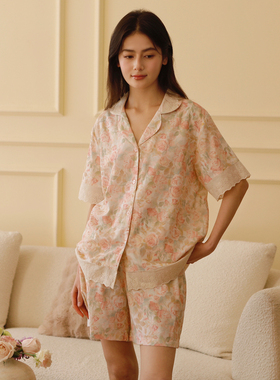 春夏翻领短袖双层棉纱布印花睡衣甜美女士蕾丝边松紧短裤居家套装