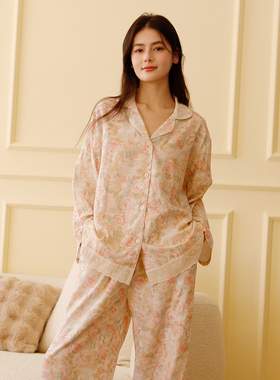 全棉纱布蕾丝边女士睡衣春秋翻领长袖长裤休闲家居服印花舒适套装
