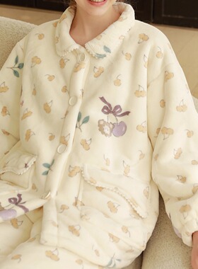 初冬加厚保暖牛奶羊羔绒女士卡通睡衣多色印花复合绒居家甜美套装