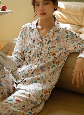 双层纱布秋冬新款竹棉长袖裤卡通女士大码休闲开衫套装睡衣家居服