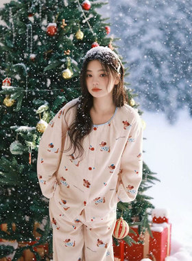 全棉磨毛家居服韩版宽松可爱狗卡通秋冬季女圆领长袖长裤睡衣套装