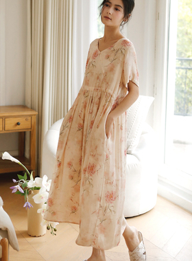 贡缎人棉垂感飘逸女士睡裙春夏深V领短袖腰可调节中长款居家薄款