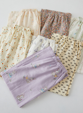 全棉双层纱布日系卡通碎花居家长裤女多色休闲可外穿四季中腰睡裤