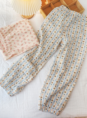 纯棉双层泡泡纱透气宽松灯笼裤缩口裤脚卡通甜美温馨女居家长睡裤