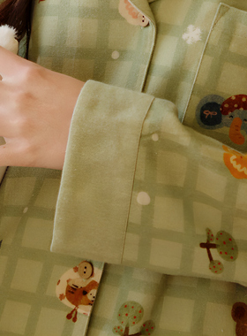 卡通绿色格子熊全棉磨毛春秋睡衣女士翻领长袖长裤休闲家居服套装