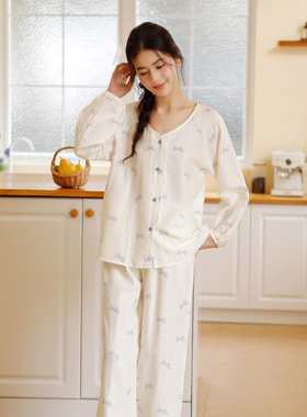 双层纱布开衫睡衣简约印花蝴蝶结开衫春季薄款长袖女生家居服套装