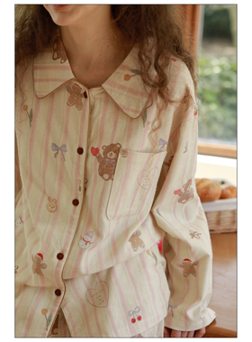 秋冬全棉厚磨毛翻领开衫常规家居服卡通布偶小熊长袖女生睡衣套装