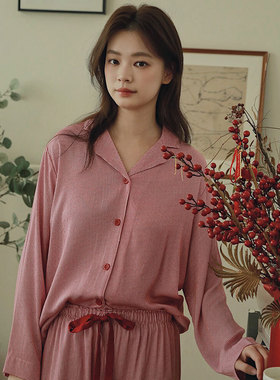 新年红色千鸟格子四季人棉贡缎翻领女休闲长袖长裤睡衣家居服套装