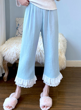 纯色棉纱睡裤女生春夏季薄款柔软百搭休闲松紧棉麻九分花边家居裤