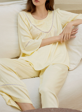 人棉贡缎糖果色睡衣女士夏空调房简约套头休闲外穿家居服长袖套装