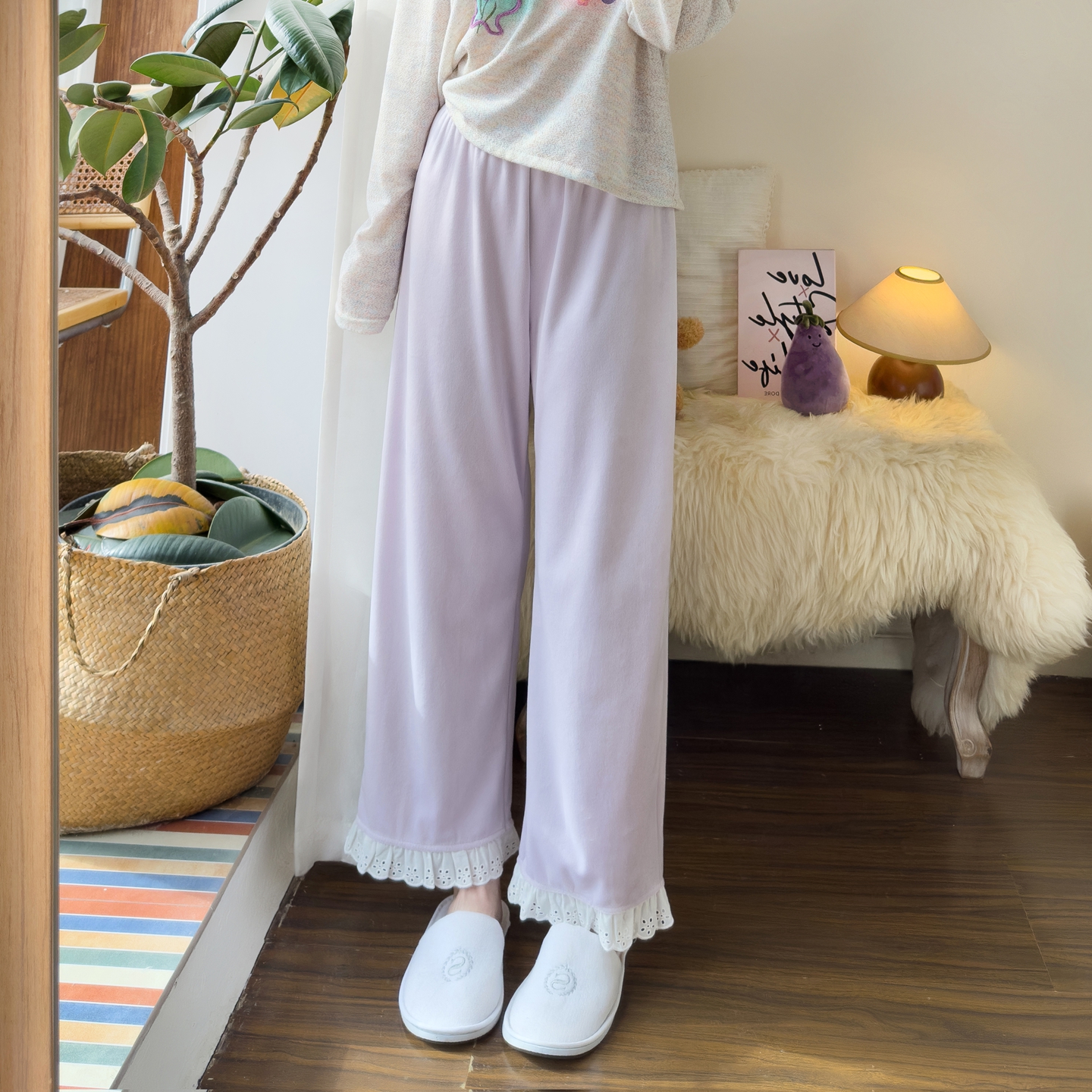 梦幻浅紫色蕾丝花边秋冬女睡裤子