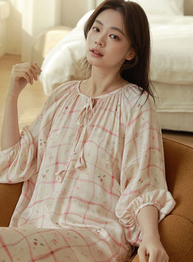 春季舒适垂感人棉贡缎淡雅套头宽松九分长袖睡裙加大码女家居裙子