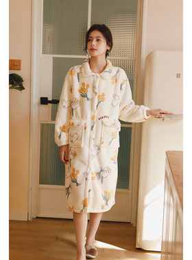 牛奶绒长袖开衫浴袍新款加厚女士羊羔复合睡裙印花家居大码可外穿