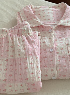全棉双层纱透气吸汗婴儿棉纱女长袖长裤睡衣套装卡通舒适家居服春