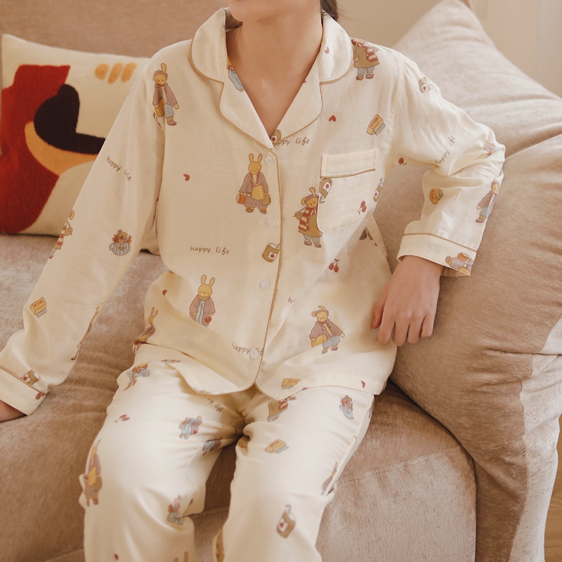 女士纯棉纱布宽松长袖睡衣套装