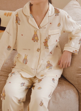 春季双层纱布女士款纯棉开衫两件套睡衣卡通印花宽松长袖裤家居服