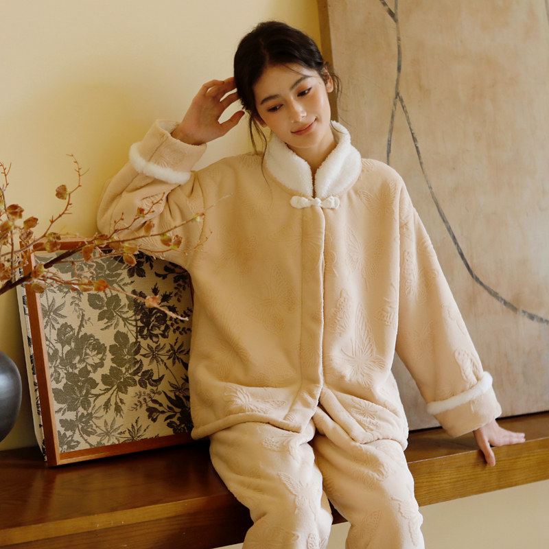 女冬加厚保暖羊羔复合绒提花睡衣