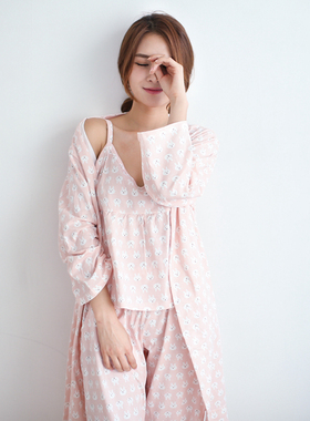 特价清仓睡衣三件套装纯棉粉色吊带长袖长裤女生甜美春秋季家居服