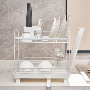 日本双层碗盘沥水架厨房台面多功能碗具餐具碟子收纳置物架带托盘