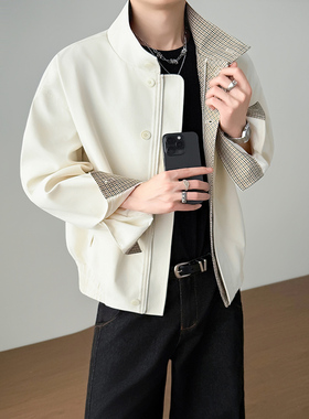 模特图~春季千鸟格拼色立领夹克外套 YJ6019/P98