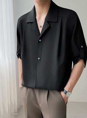 模特图~2026夏季新品绿松石扣设计翻领冰丝中袖衬衫 Q1080/P55