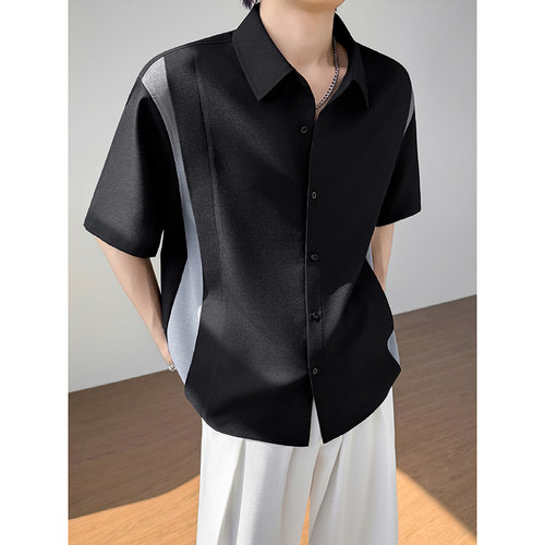 模特图~2026夏季冰丝假两件拼色中袖衬衫 Q1240/P50
