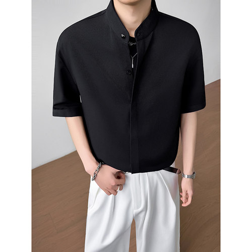 模特图~2026夏季冰丝垂感立领中袖衬衫暗门禁 Q1218/P50