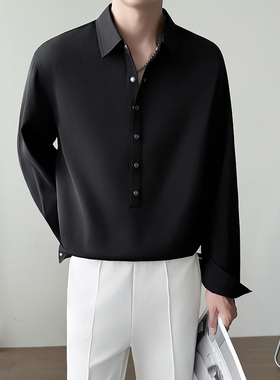 模特图~春季重磅斜纹套头宝石扣设计长袖衬衫 CS2211/P55