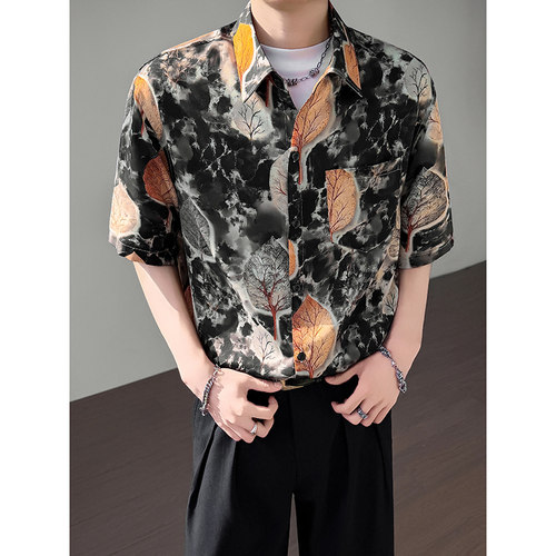 模特图~夏季冰感满印中袖休闲衬衫 Q1211/P40