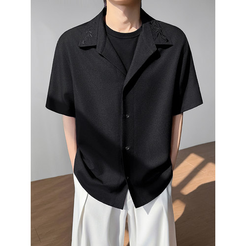 模特图~夏季冰丝翻领重工刺绣中袖衬衫 Q1231/P55