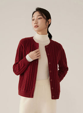 浅秋女装秋冬新品美丽诺羊毛复古绞花圆领针织开衫上衣12T30301