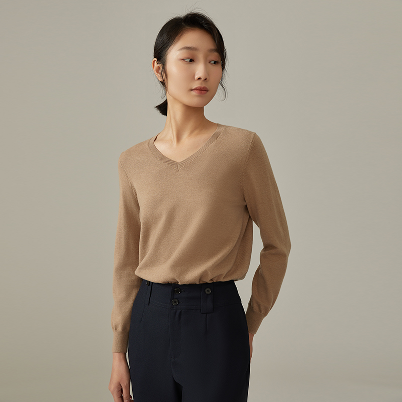 浅秋羊毛套头V领针织衫