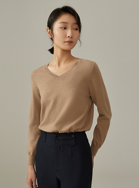 【经典】浅秋V领纯色套头打底衫长袖羊毛针织Q051D321