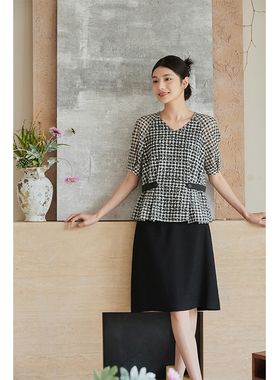 浅秋复古v领黑白格子短袖上衣宽松插肩t恤夏季女2024新款4B41510