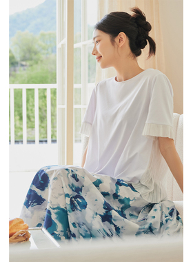 浅秋设计感百褶拼接短袖上衣纯色t恤女2024夏季新款4B41509