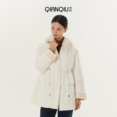 浅秋羊毛领短款束腰羽绒服