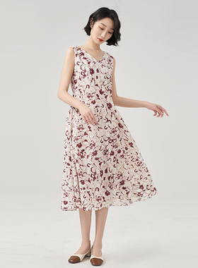 浅秋v领无袖收腰系带印花连衣裙度假背心裙子7A21608
