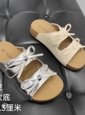 128-5软皮舒适魔术贴拖鞋女2026新款百搭休闲蝴蝶结平底凉拖鞋